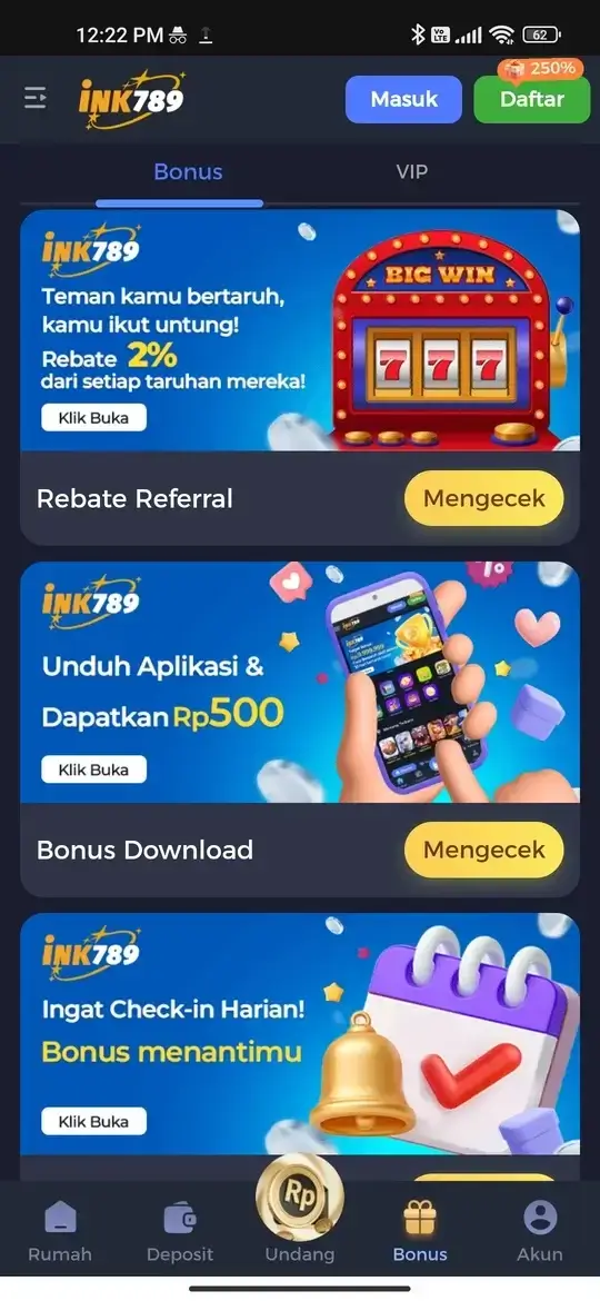 Halaman bonus referral rebate dan check-in harian