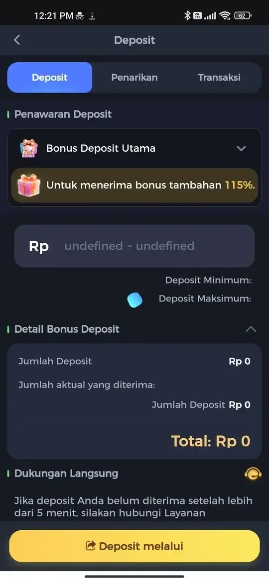 Halaman deposit dan penarikan dana