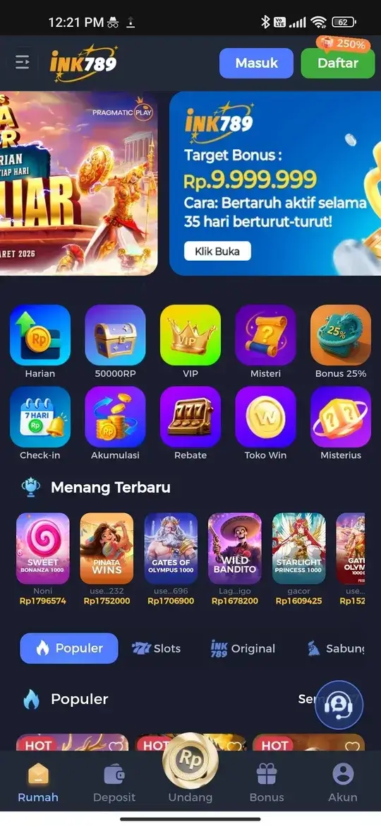 Halaman utama dengan slot populer dan bonus harian